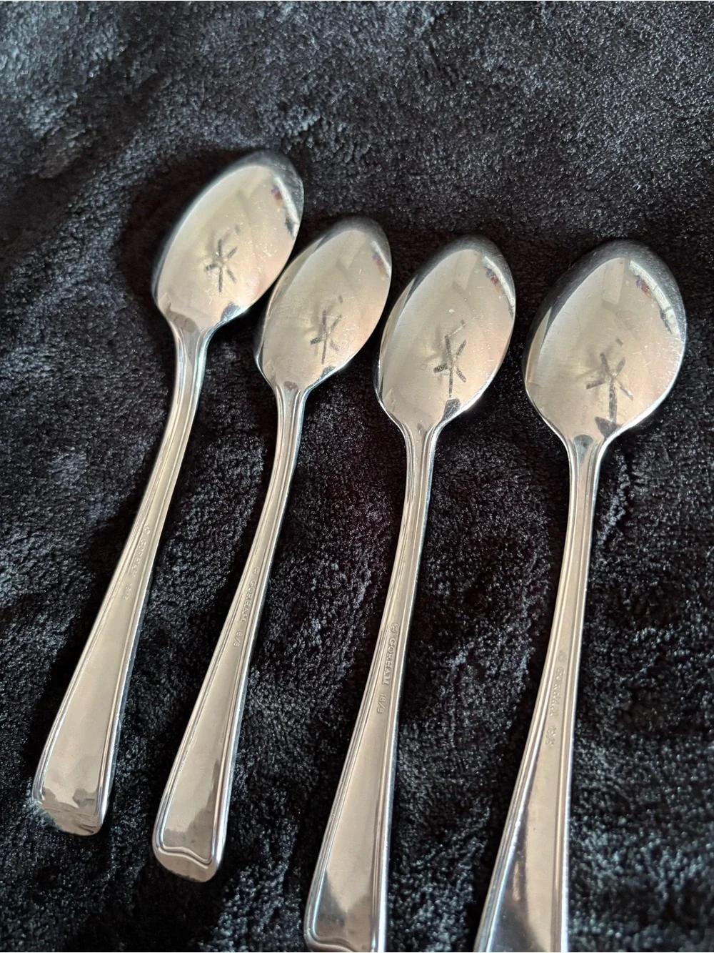 VTG Gorham Monet  Stainless Steel Set Of 4 Oval Soup Spoons 7 & 6” Outline Edge